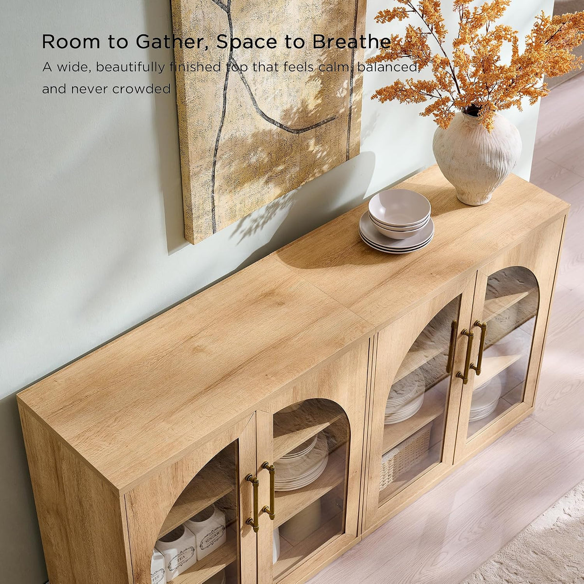 Oak Arched Glass Door Sideboard Cabinet
